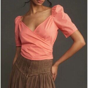 By Anthropologie Puff-Sleeve Wrap Blouse Cropped Top Pink Classic XS NWT 280179